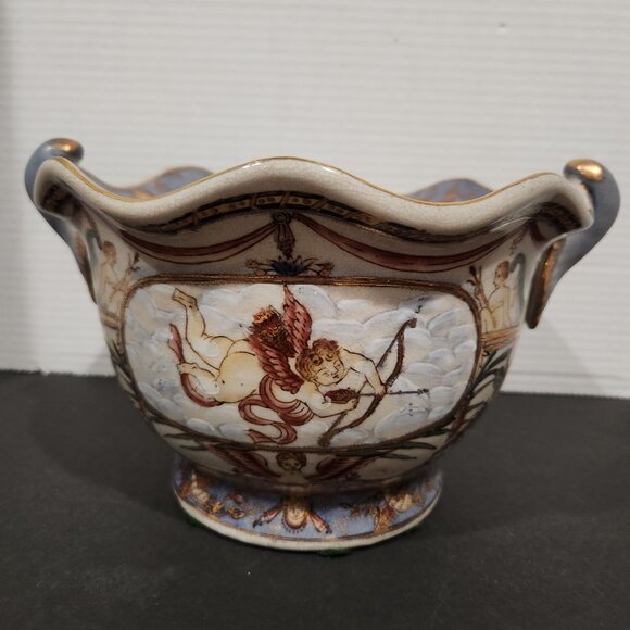 Vintage Cache Pot Hand Painted Italian Style Bowl Large Earthenware w/Cherubs - Picture 1 of 7